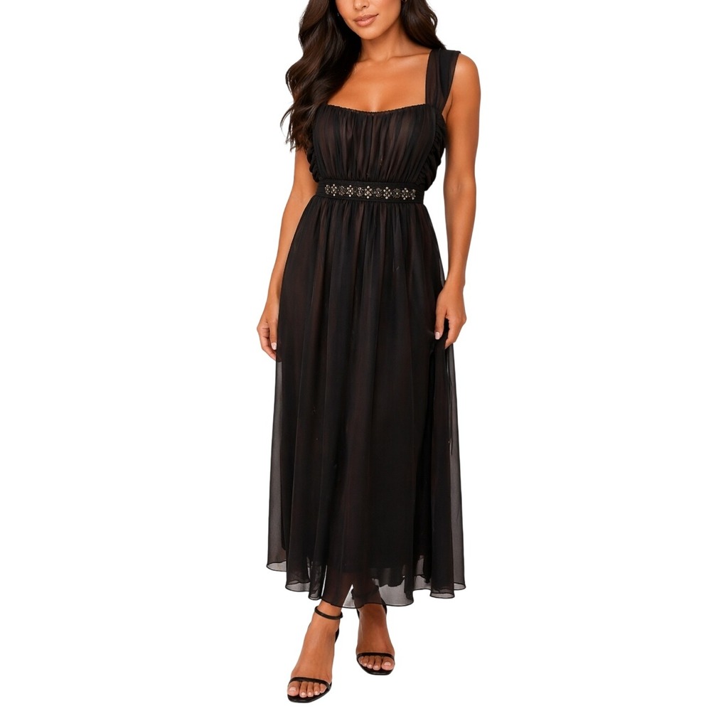 Connected Apparel Black Mesh Beaded Empire Waist Midi Dress Womens 14 Cocktail